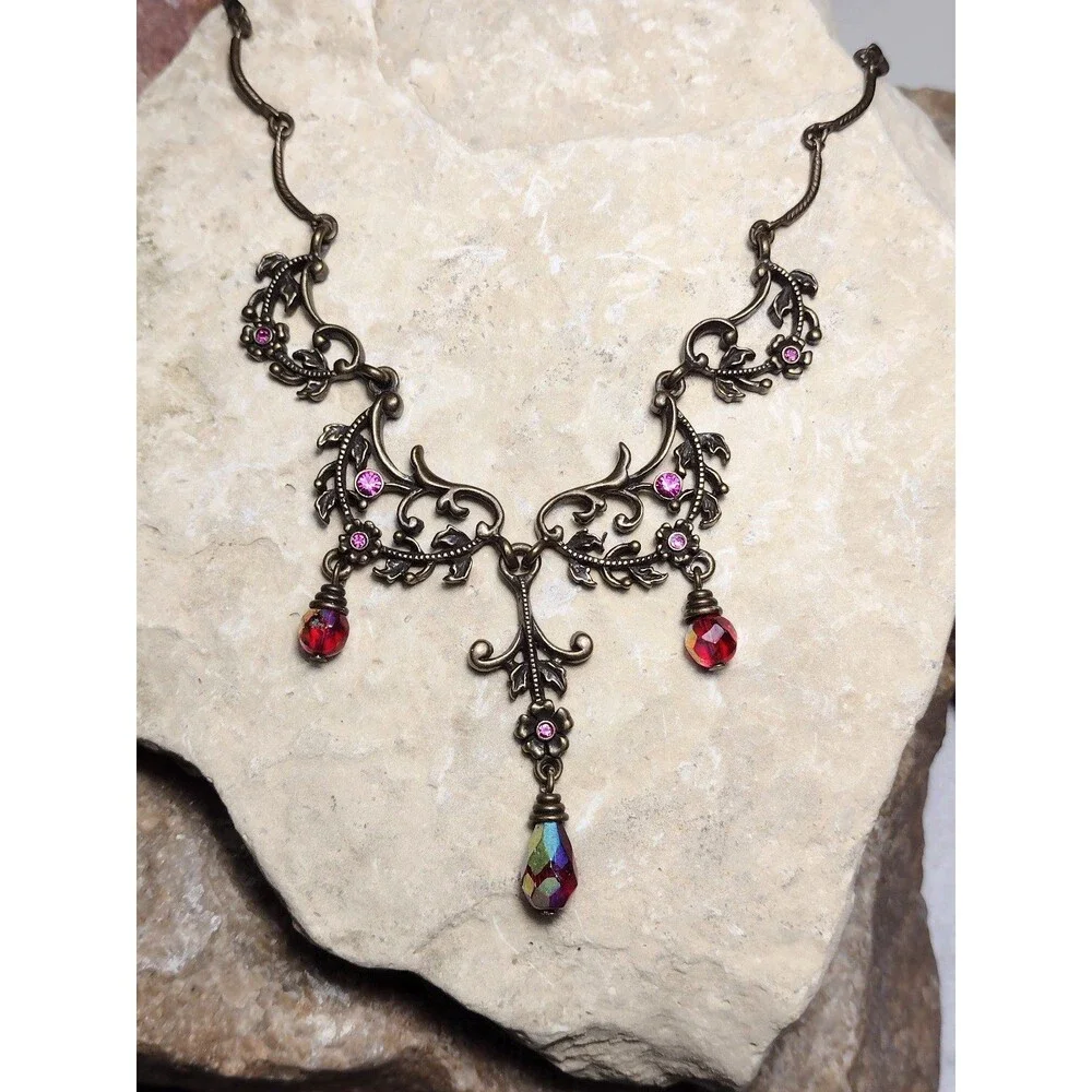 Avon Vintage Bronze Tone Rhinestone Bib Necklace